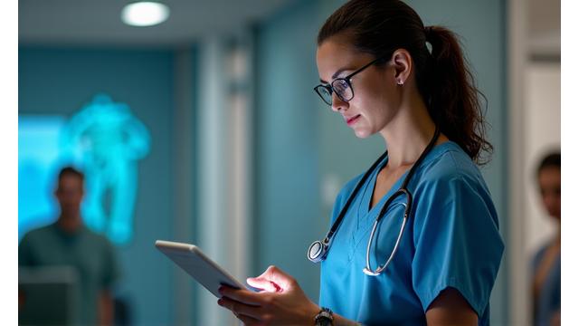 Healthcare administrator reviewing digital reports on a tablet.