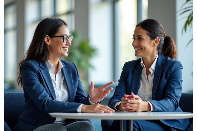People engaging in a positive and constructive one-on-one coaching conversation in a modern office, emphasizing continuous feedback and development.